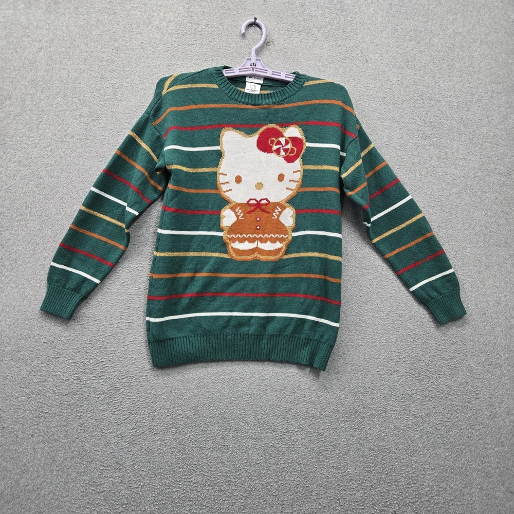 Hello Kitty Sanrio Girls Sweater L Green Striped Gingerbread Holiday Pullover